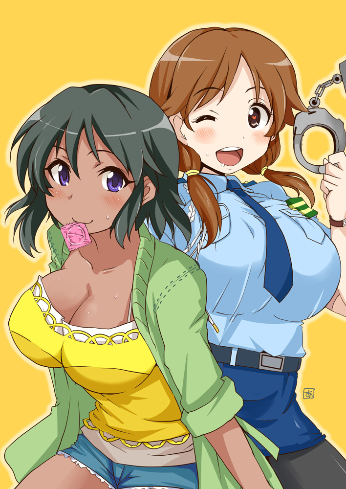 ;d aoi_manabu armband belt black_hair blush breasts brown_eyes brown_hair cleavage collarbone condom condom_in_mouth condom_wrapper cuffs handcuffs heart heart-shaped_pupils idolmaster idolmaster_cinderella_girls katagiri_sanae large_breasts mouth_hold multiple_girls natalia_(idolmaster) necktie one_eye_closed open_mouth pantyhose pencil_skirt police police_uniform policewoman purple_eyes short_hair short_shorts short_sleeves short_twintails shorts skirt sleeves_rolled_up smile sweat symbol-shaped_pupils twintails uniform yellow_background