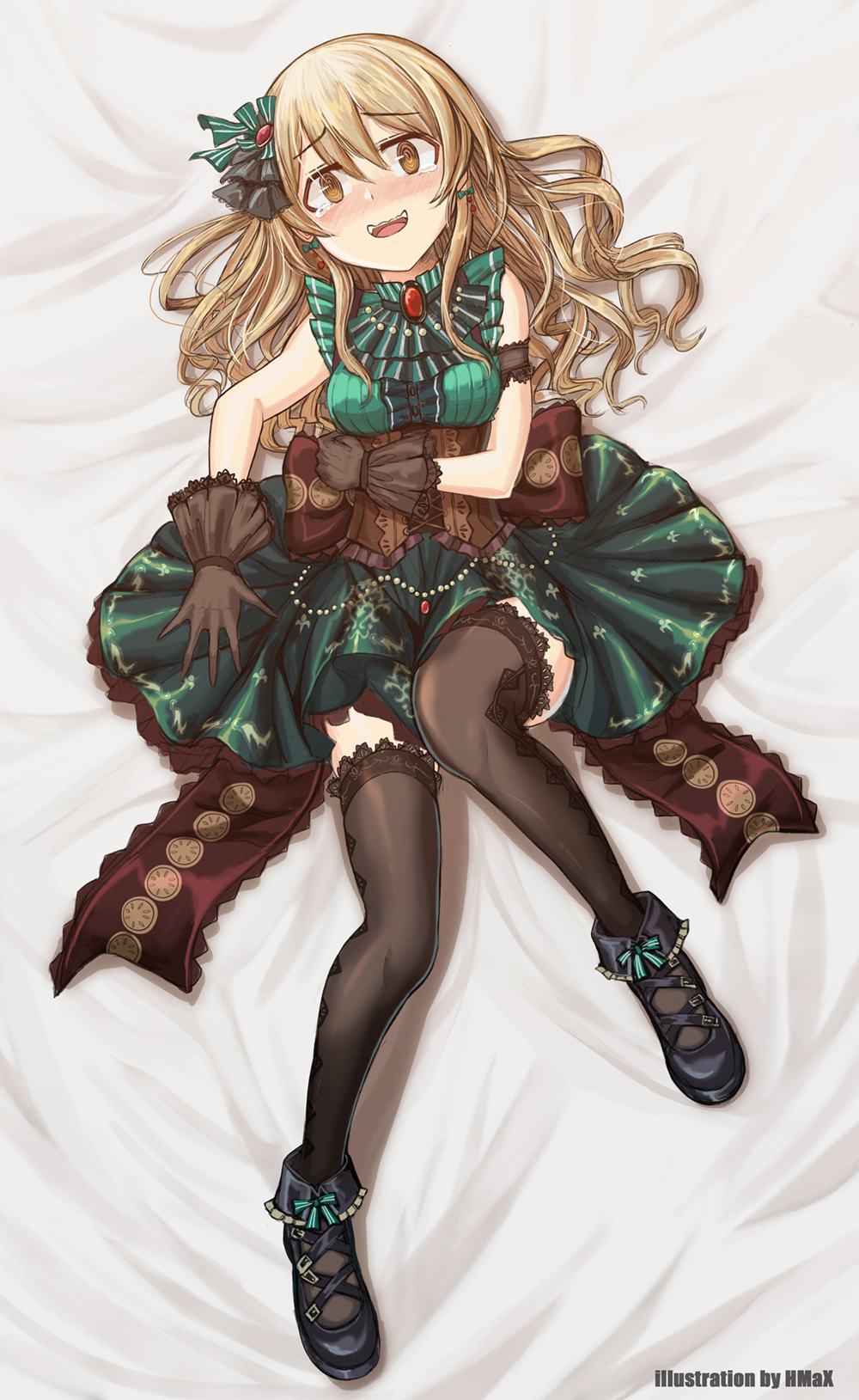 1girl @_@ artist_name bangs bed_sheet black_bow black_footwear black_gloves black_legwear blush bow brooch brown_eyes buckle commentary_request corset dress drill_hair english_text eyebrows_visible_through_hair frilled_dress frilled_footwear frills full_body gloves green_bow green_dress hair_bow hair_ornament highres hmax idolmaster idolmaster_cinderella_girls idolmaster_cinderella_girls_starlight_stage jewelry lace lace-trimmed_thighhighs large_bow light_brown_hair long_hair looking_at_viewer lying medium_dress morikubo_nono necklace on_back on_bed partial_commentary pearl_necklace shoes sleeveless sleeveless_dress smile solo tearing_up thighhighs wavy_mouth