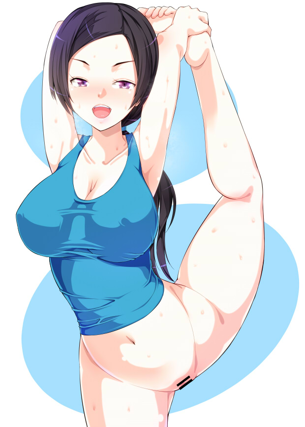 amasora_taichi bar_censor barefoot black_hair bottomless breasts censored covered_nipples feet foot_grab holding_own_foot large_breasts long_hair looking_at_viewer navel open_mouth pale_skin ponytail purple_eyes round_teeth solo split spread_legs standing standing_on_one_leg standing_split stretch sweat tank_top teeth upper_teeth wii_fit wii_fit_trainer