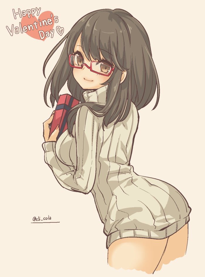 ass bangs closed_mouth conomi-c5 cowboy_shot cropped_legs english_commentary from_side gift glasses happy_valentine heart heart_hands holding holding_gift leaning_forward light_blush long_hair long_sleeves looking_at_viewer looking_back no_pants original red-framed_eyewear ribbed_sweater semi-rimless_eyewear simple_background smile solo standing sweater tan_background turtleneck twitter_username under-rim_eyewear valentine white_sweater