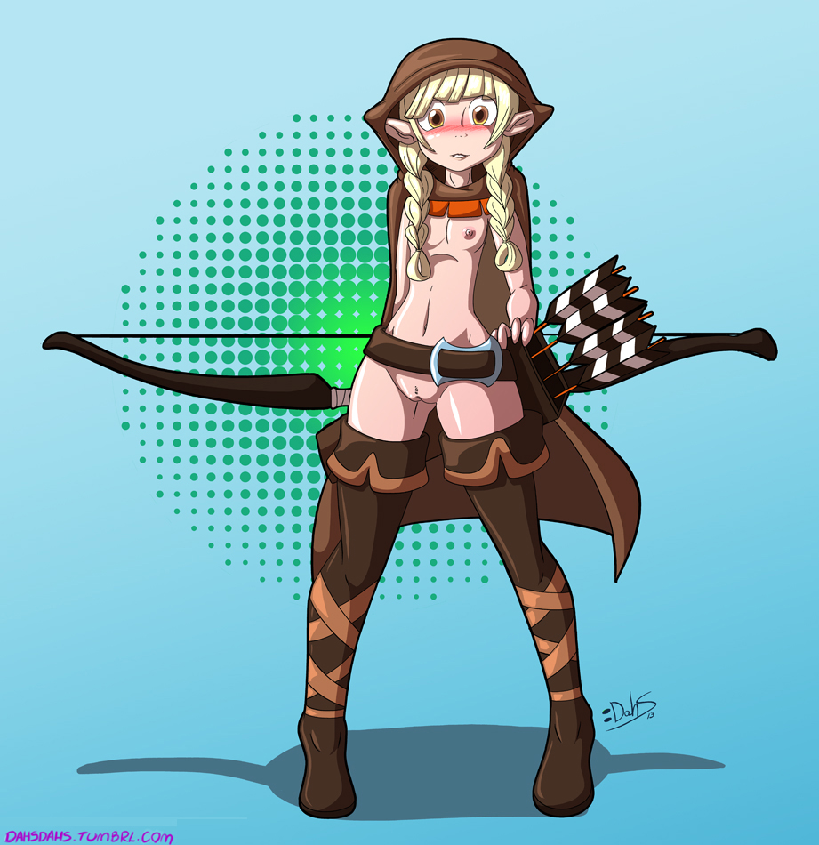 2013 archer arrow blonde_hair blush boots bow bow_(weapon) breasts brown_eyes cloak cute dahs dragon's_crown dragon's_crown elf female hair long_hair looking_at_viewer nipples nude open_mouth pigtails pointy_ears pussy ranged_weapon shadow shiny small_breasts smile solo standing teeth weapon