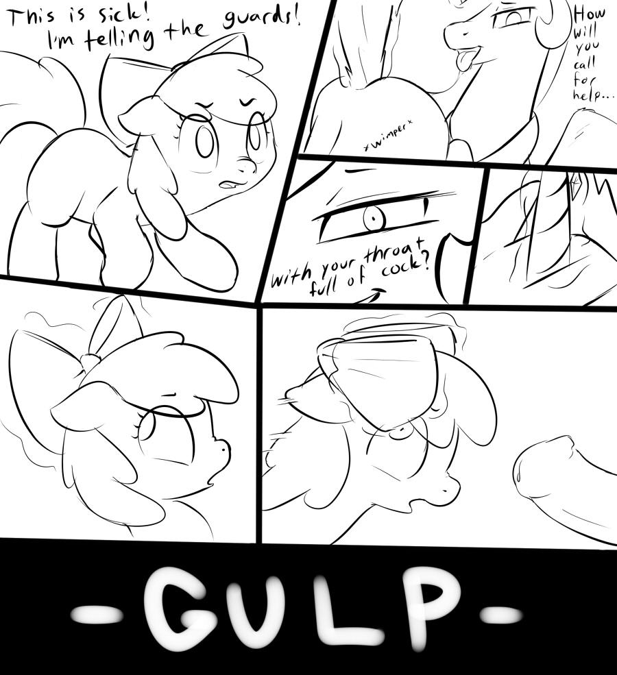 apple_bloom apple_bloom_(mlp) babs_seed black_and_white bow clopper-dude cub cutie_mark_crusaders dialog english_text equine female feral friendship_is_magic group horse magic mammal monochrome my_little_pony penis pony princess princess_celestia princess_celestia_(mlp) royalty text young