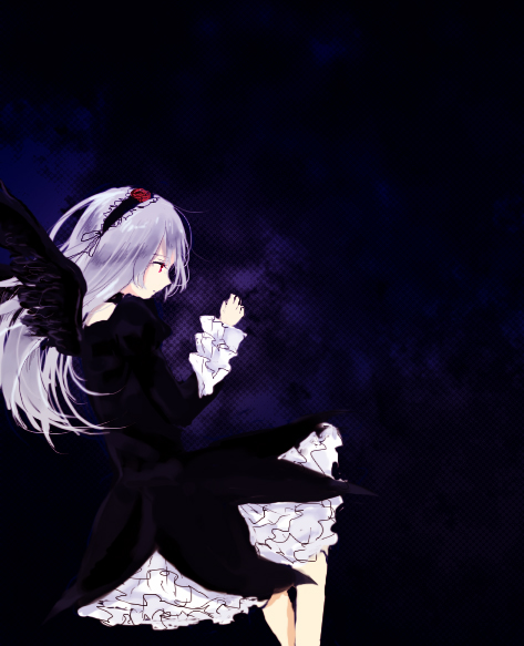 black_dress black_wings blush closed_eyes dress frilled_sleeves frills from_side long_sleeves profile rozen_maiden silver_hair solo standing suigintou wings yoshioka_mitsuko