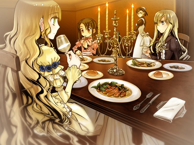 akira_(kaned_fools) alcohol angelica_derleth candle candlestand champagne chandelier charlotte_bronte dinner donna_wirgman fire flame food from_behind game_cg glass indoors light long_hair mary_clarissa_christie multiple_girls plate shikkoku_no_sharnoth sidelocks steampunk_(liarsoft) table very_long_hair wavy_hair