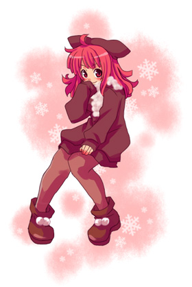 hat la_pucelle lowres pantyhose pink_eyes pink_hair prier shoes solo sweater tsuyuka_(sunny_spot) winter