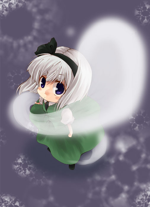 1girl blunt_bangs commentary_request dress from_above ghost green_dress grey_hair hitodama io_(pixiv134216) konpaku_youmu konpaku_youmu_(ghost) looking_at_viewer looking_up short_sleeves solo standing touhou transparent