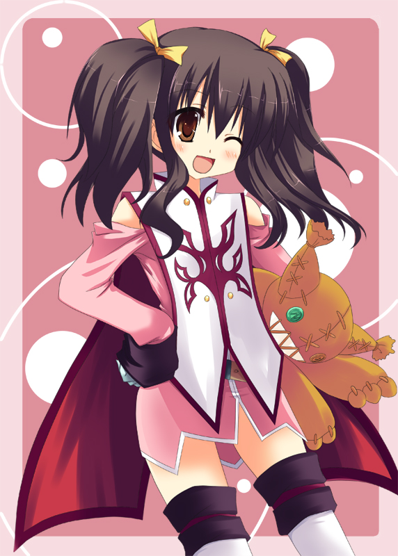 ;d akane_souichi anise_tatlin bangs bare_shoulders belt blush bow brown_eyes brown_hair cape cowboy_shot detached_sleeves eyebrows_visible_through_hair gloves hair_bow hand_on_hip long_hair long_sleeves looking_at_viewer one_eye_closed open_mouth pink_background red_cape shoulder_cutout sidelocks simple_background sleeves_past_wrists smile solo standing stitches stuffed_toy tabard tales_of_(series) tales_of_the_abyss tareme thighhighs tokunaga twintails white_gloves yellow_bow