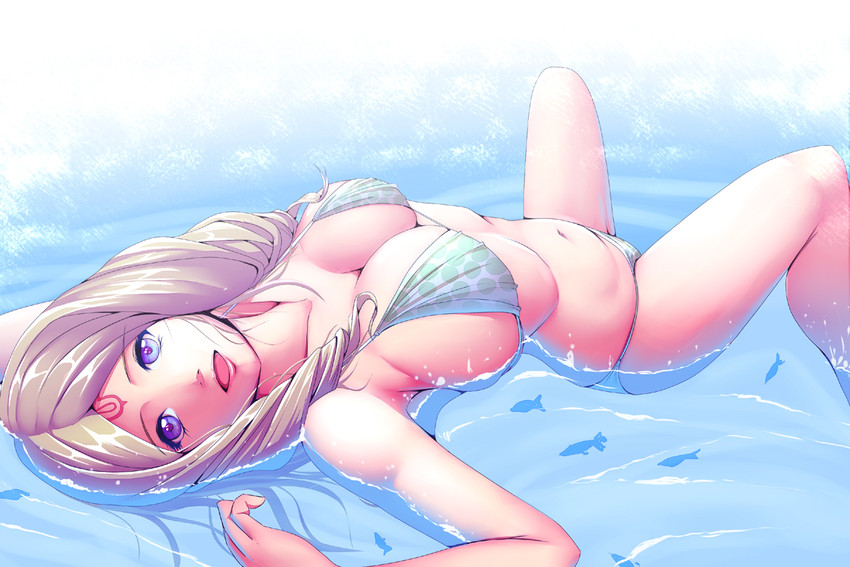 1girl belly bikini blonde_hair blue_eyes breasts cleavage drill_hair duplicate emerina emmeryn facial_mark fire_emblem fire_emblem:_kakusei fire_emblem_13 fire_emblem_awakening fish forehead_mark harihisa large_breasts light_smile long_hair looking_at_viewer lying navel on_back open_mouth partially_submerged polka_dot polka_dot_bikini polka_dot_swimsuit solo swimsuit water