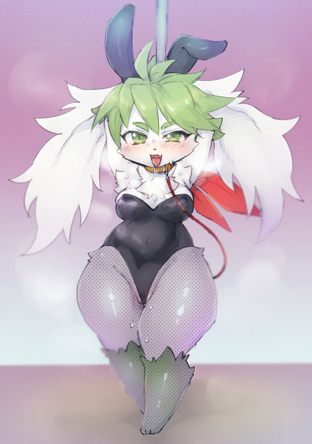 anthro blush bodily_fluids breasts breath bunny_costume clothing collar costume female fishnet green_eyes green_hair hair hands_behind_head hi_res htg htg92 kemono leash legendary_pok&eacute;mon leotard navel nintendo open_mouth playboy pok&eacute;mon pok&eacute;mon_(species) shaymin sky_forme_shaymin solo sweat thick_thighs video_games white_body wide_hips