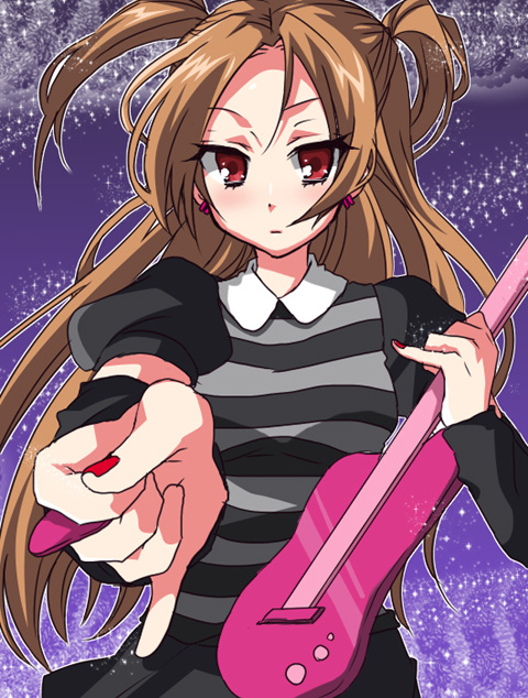 brown_hair detached_sleeves earrings futaba_841 guitar instrument jewelry long_hair lotte_(pop'n_music) nail_polish pop'n_music red_eyes red_nails solo striped twintails