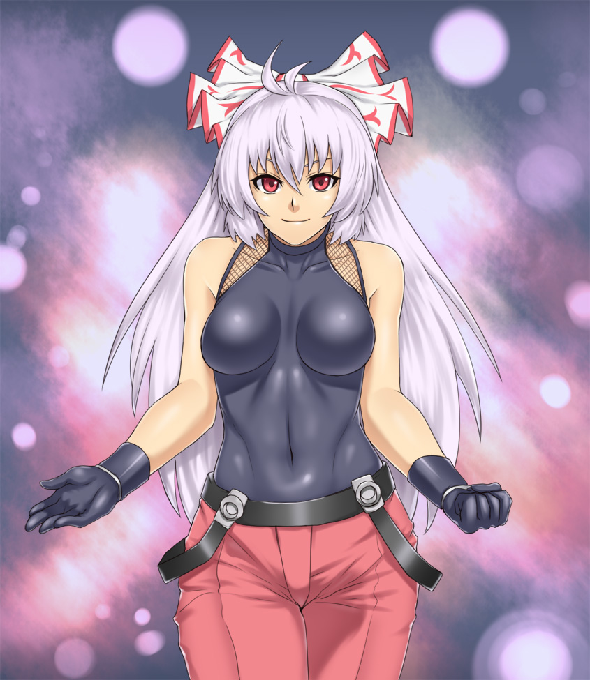 bare_shoulders breasts clenched_hand cosplay covered_navel fujiwara_no_mokou gloves houtengeki impossible_clothes impossible_shirt large_breasts long_hair omega_rugal red_eyes rugal_bernstein rugal_bernstein_(cosplay) shirt silver_hair solo suspenders suspenders_slip the_king_of_fighters touhou
