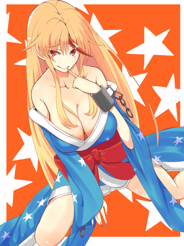 bare_shoulders blonde_hair breasts cleavage come_hither horn hoshiguma_yuugi hoshiguma_yuugi_(promo) japanese_clothes kimono large_breasts long_hair looking_at_viewer orange_background pointy_ears q_(a72pgc) red_eyes smile solo star starry_background touhou