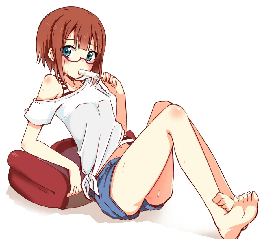 arm_support bare_legs bare_shoulders barefoot bespectacled blue_eyes brown_hair casual eating food glasses hot itamochi kousaka_yukiho leaning_back love_live! love_live!_school_idol_project navel off_shoulder pillow popsicle red_hair shadow shirt short_hair short_sleeves shorts simple_background sitting solo striped sweat t-shirt tied_shirt white_background