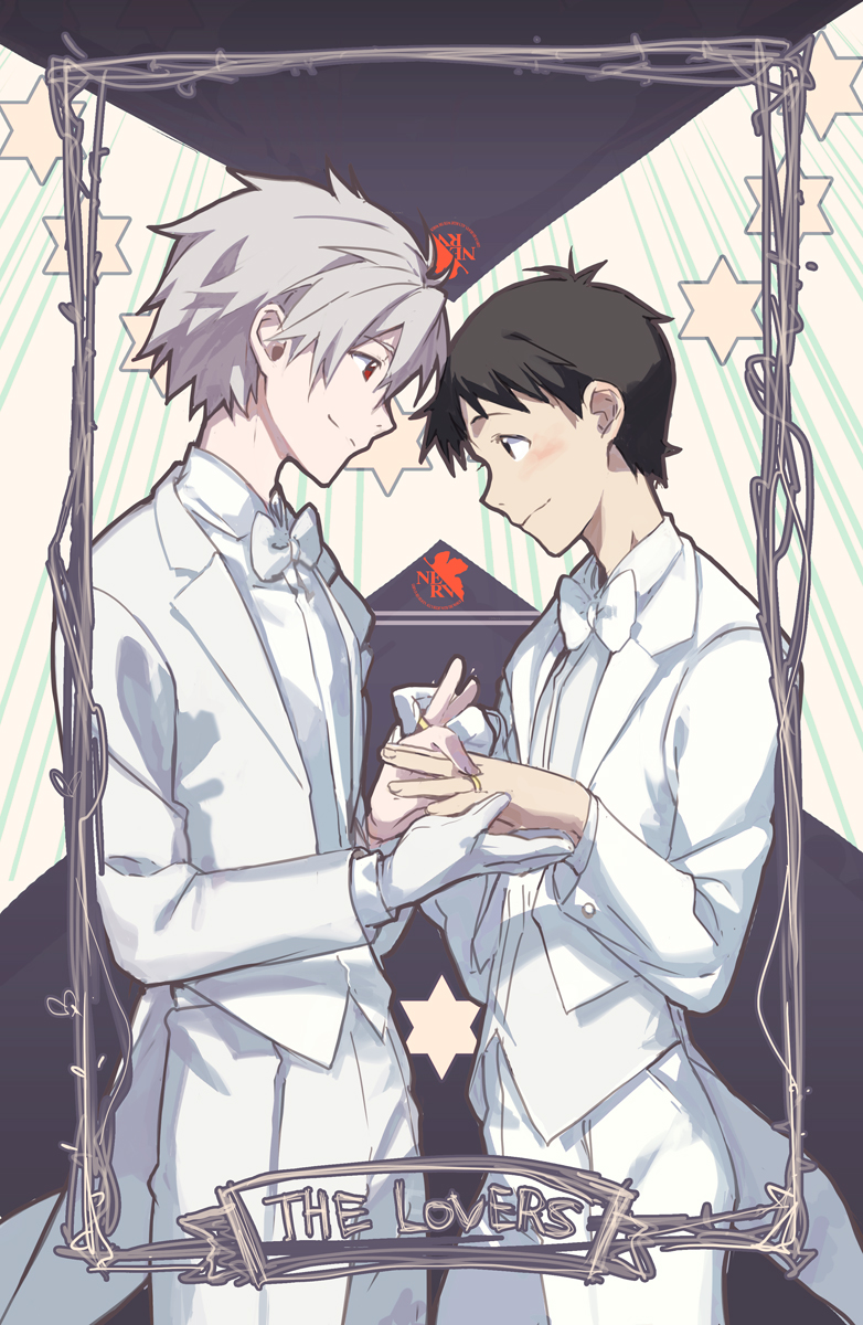 bad_id bad_pixiv_id bow bowtie brown_hair couple english gloves highres husband_and_husband ikari_shinji jewelry male_focus meer_rowe multiple_boys nagisa_kaworu neon_genesis_evangelion red_eyes ring single_glove smile tuxedo wedding_band white_hair yaoi