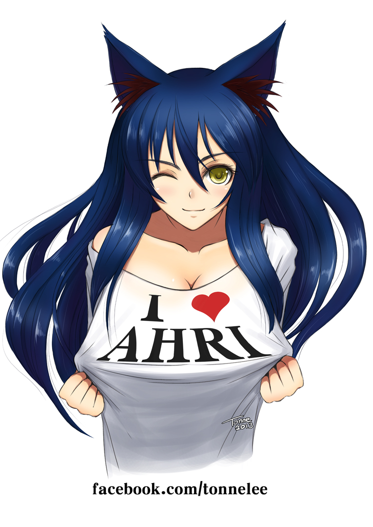 ahri animal_ears blue_hair blush breasts character_name cleavage clothes_writing fox_ears heart large_breasts league_of_legends long_hair off_shoulder one_eye_closed shirt shirt_pull smile solo t-shirt tonnelee yellow_eyes