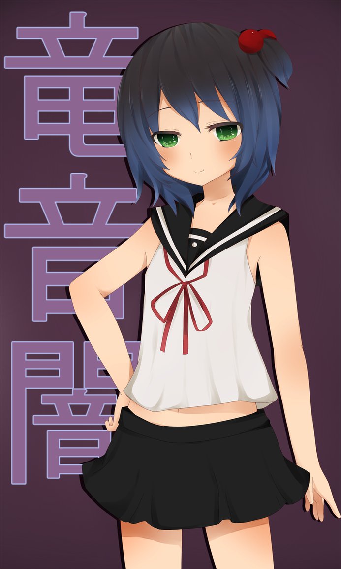 bad_deviantart_id bad_id black_hair blue_hair blush character_name gradient_hair green_eyes hair_bobbles hair_ornament kiki_(tsunya) male_focus multicolored_hair navel otoko_no_ko pleated_skirt ribbon ryoune_yami school_uniform serafuku skirt sleeveless smile solo utau