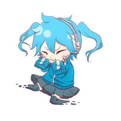 &gt;_&lt; animated animated_gif arms_up blue_hair closed_eyes digital_dissolve ene_(kagerou_project) headphones kagerou_project long_hair long_sleeves lowres open_mouth pleated_skirt simple_background skirt sleeves_past_fingers sleeves_past_wrists solo sora-doufu teeth thighhighs twintails white_background