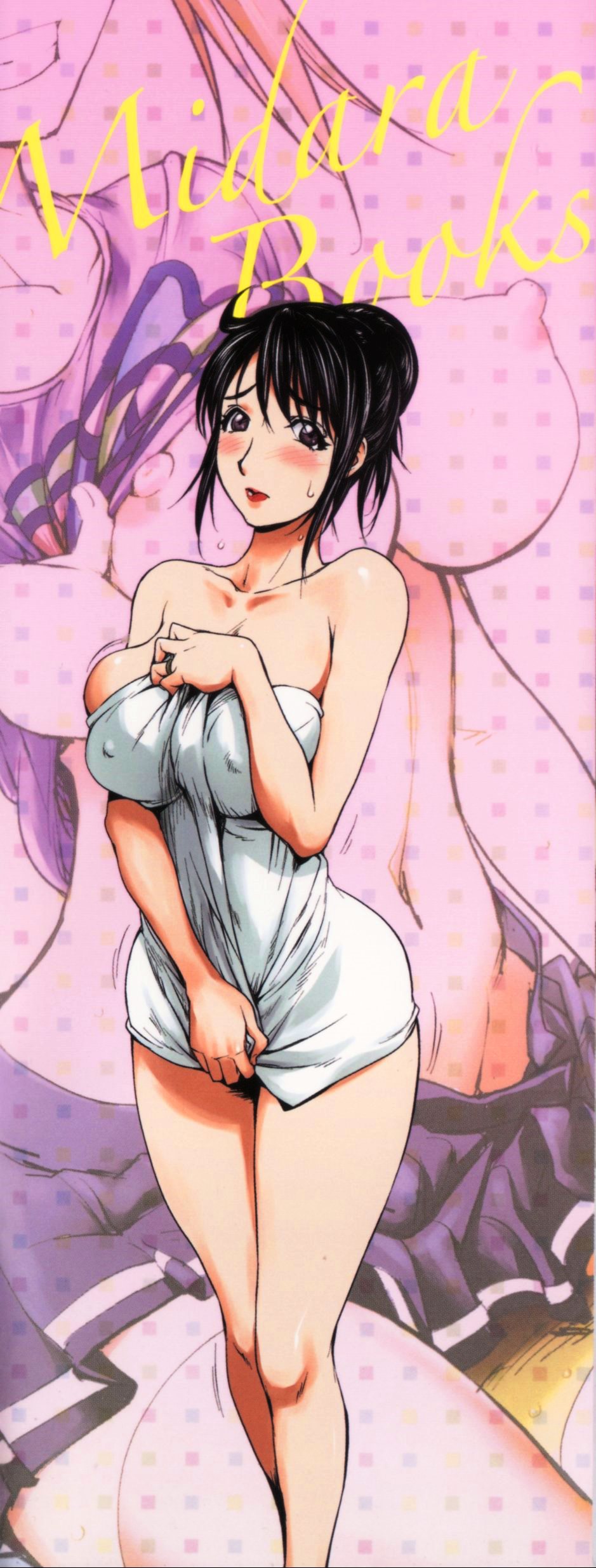 absurdres black_hair blush breasts grey_eyes highres holding konkitto large_breasts lips lipstick looking_at_viewer makeup nipples nude solo sweat towel
