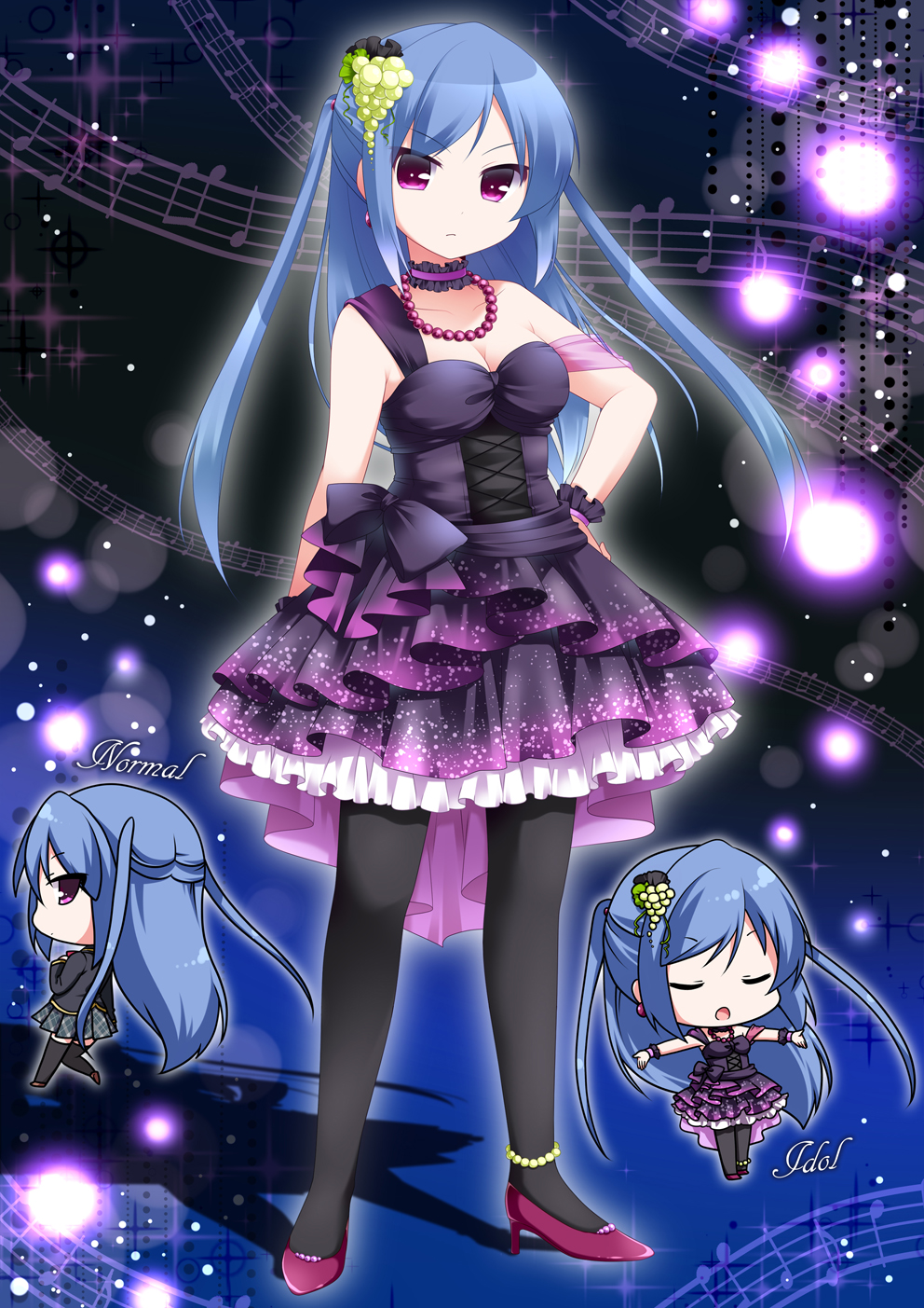 anklet bad_id bad_pixiv_id black_legwear blazer blue_hair breasts chibi choker closed_eyes dress earrings food frills frown fruit grapes hair_ornament hand_on_hip high_heels highres idol jacket jewelry lights long_hair medium_breasts multiple_persona music musical_note necklace open_mouth original outstretched_arms pantyhose plaid plaid_skirt pleated_skirt purple_eyes ringo_yuyu school_uniform shoes singing skirt spread_arms standing strap_slip thighhighs two_side_up wrist_cuffs