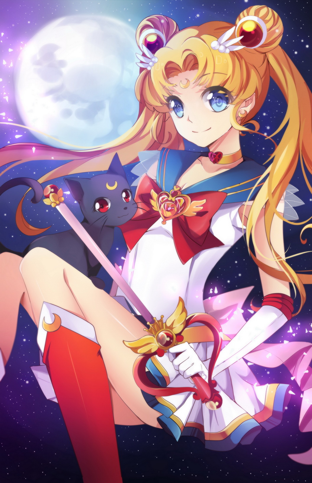 back_bow bishoujo_senshi_sailor_moon blonde_hair blue_eyes blue_sailor_collar boots bow cat choker crescent crescent_earrings crescent_moon double_bun earrings elbow_gloves facial_mark forehead_mark full_moon gloves hair_ornament highres holding holding_wand jewelry knee_boots legs long_hair long_legs luna_(sailor_moon) magical_girl moon night red_bow sailor_collar sailor_moon sailor_senshi_uniform skirt sky smile solo squchan thighs tiara tsukino_usagi twintails wand white_gloves