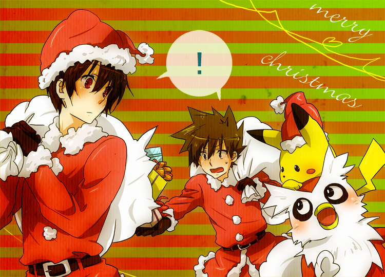 2boys delibird green_(pokemon) hat multiple_boys nintendo ookido_green pikachu pokemon red_(pokemon) santa_costume santa_hat