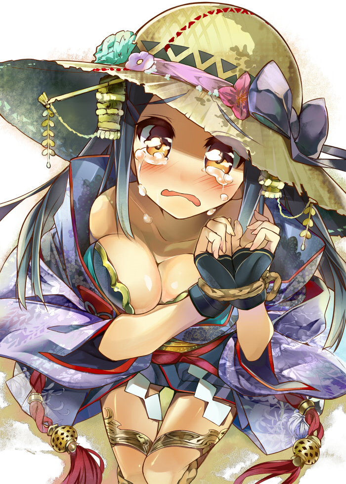 bdsm black_hair bondage bound bound_wrists breasts brown_eyes crying crying_with_eyes_open fingerless_gloves gloves hat hidebuu japanese_clothes kimono large_breasts long_hair ribbon sengoku_taisen solo tears wavy_mouth