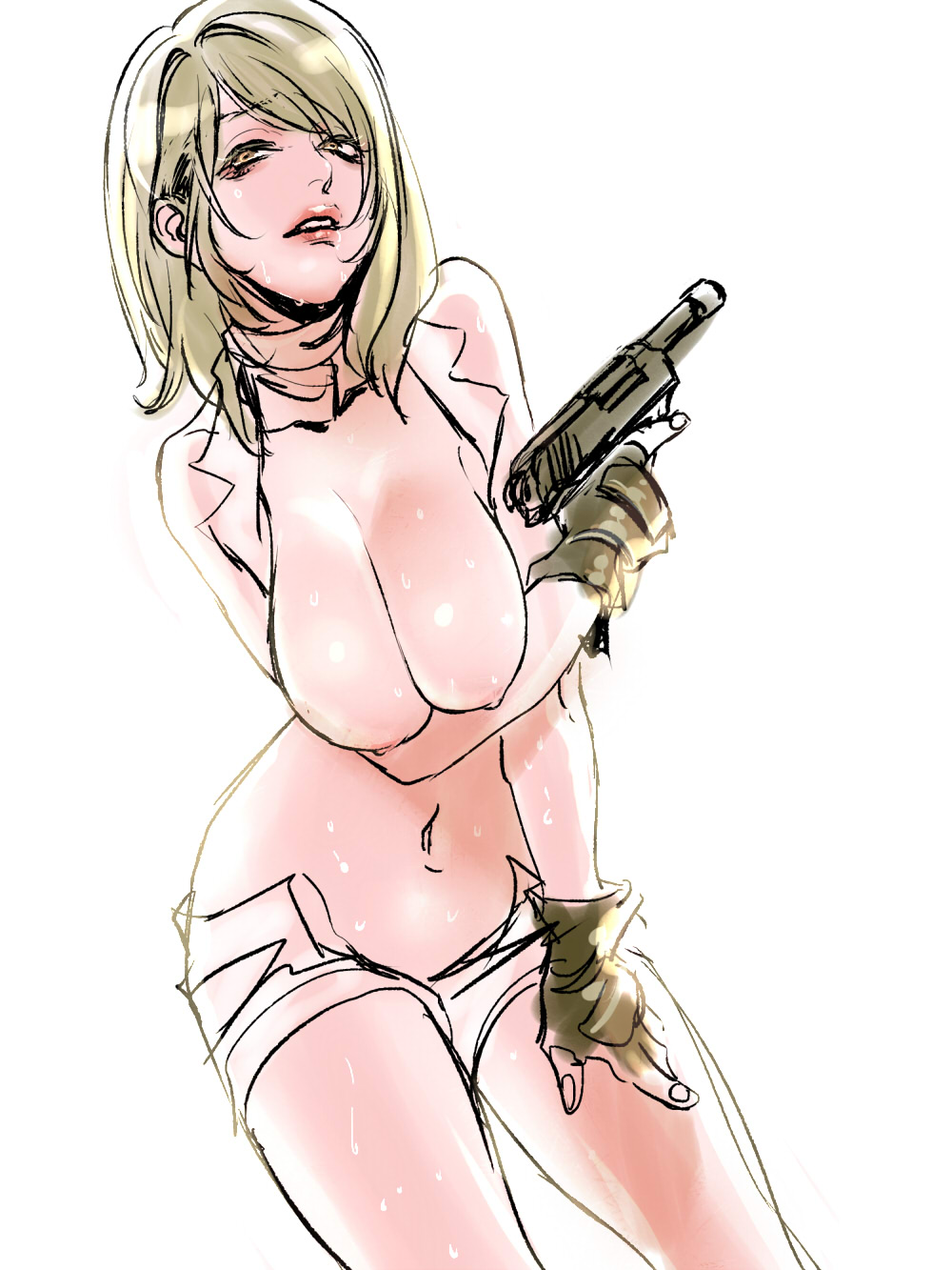 ashley_graham bad_id bad_pixiv_id blonde_hair breasts fingerless_gloves gloves gun highres katou_teppei large_breasts lips nipples resident_evil resident_evil_4 shorts solo sweat topless unbuttoned weapon