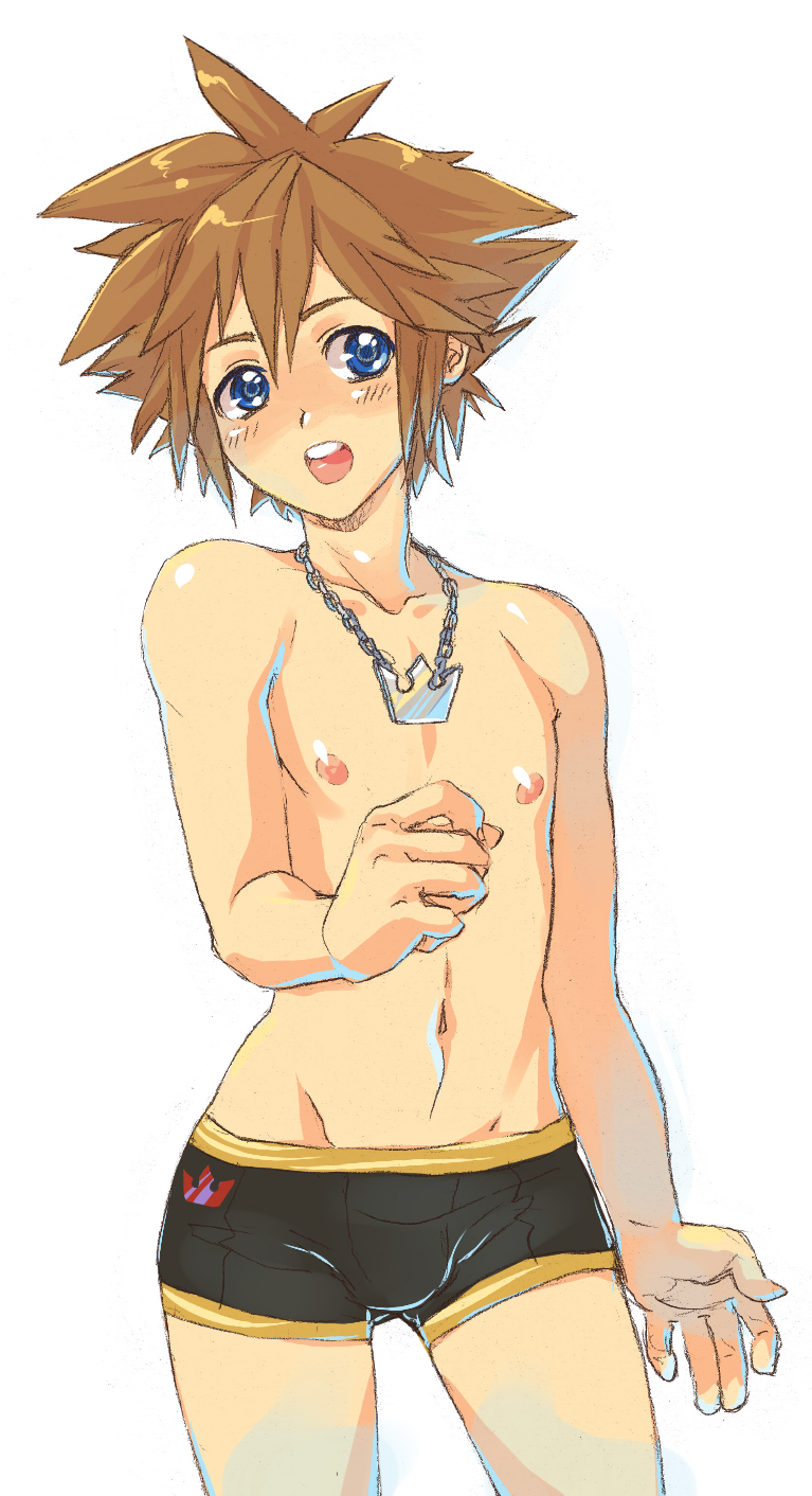 bad_id bad_pixiv_id blue_eyes boxer_briefs brown_hair bulge highres jewelry kalechip kingdom_hearts male_focus male_underwear navel necklace open_mouth solo sora_(kingdom_hearts) underwear