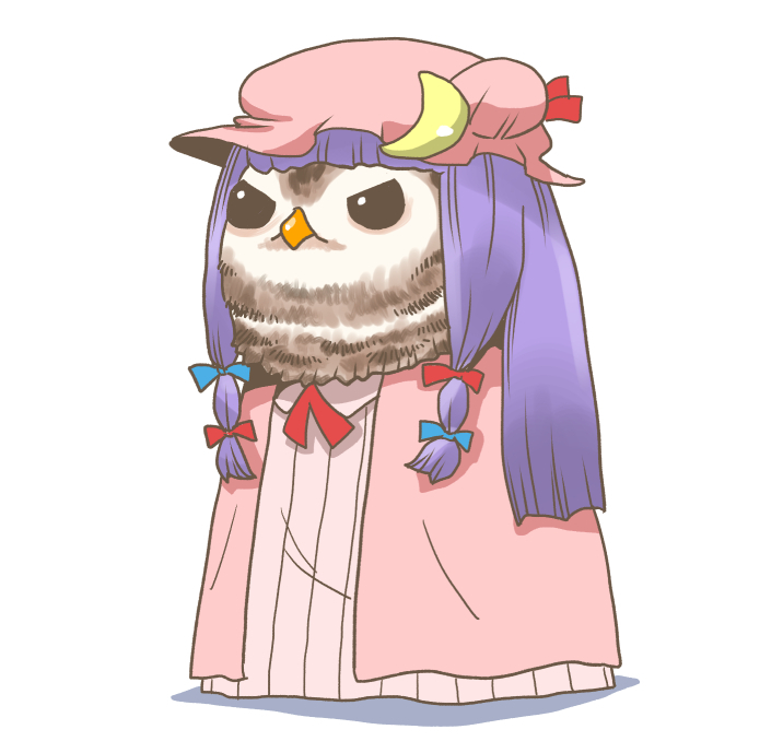 1girl bangs bird blue_bow blue_ribbon blunt_bangs bow capelet crescent dress hair_ribbon hat hat_ribbon long_hair mob_cap no_humans onikobe_rin owl patchouli_knowledge purple_hair red_bow red_ribbon ribbon solo striped striped_dress touhou