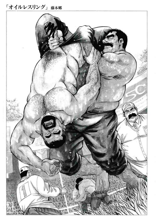 audience bara beard black_and_white body_hair censored crotch_kick erection eyes_closed facial_hair go_fujimoto grass greyscale groin_kick monochrome mustache oil open_mouth pain referee sweat tamakeri testicles translation_request wrestling