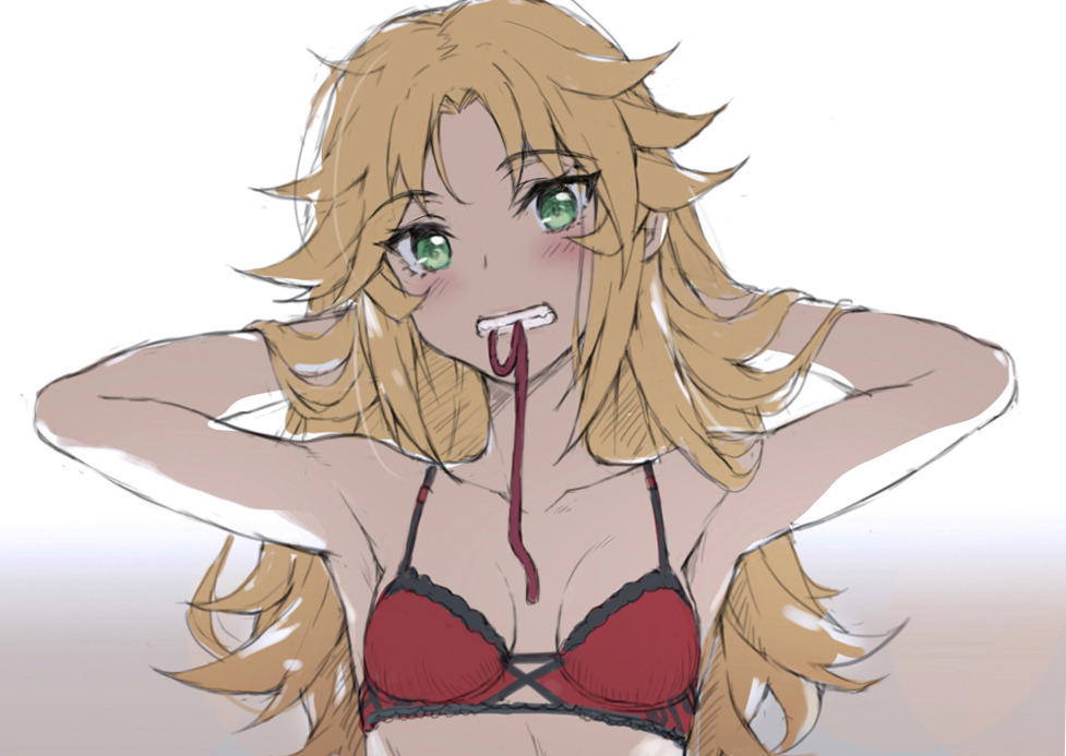1girl armpits arms_up blonde_hair blush bra breasts collarbone eyebrows_visible_through_hair fate/apocrypha fate_(series) gradient gradient_background green_eyes grin hair_down long_hair looking_at_viewer mordred_(fate) mordred_(fate)_(all) mouth_hold red_bra sidelocks small_breasts smile solo tonee underwear upper_body