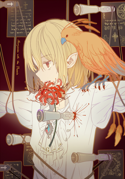 bdsm beak bird blonde_hair blood bondage bound brown_eyes dhiea english flower long_sleeves mouth_hold no_pupils on_shoulder original outline outstretched_arms phoenix pointy_ears red_eyes sharp_teeth short_hair solo stabbed talons teeth upper_body vampire