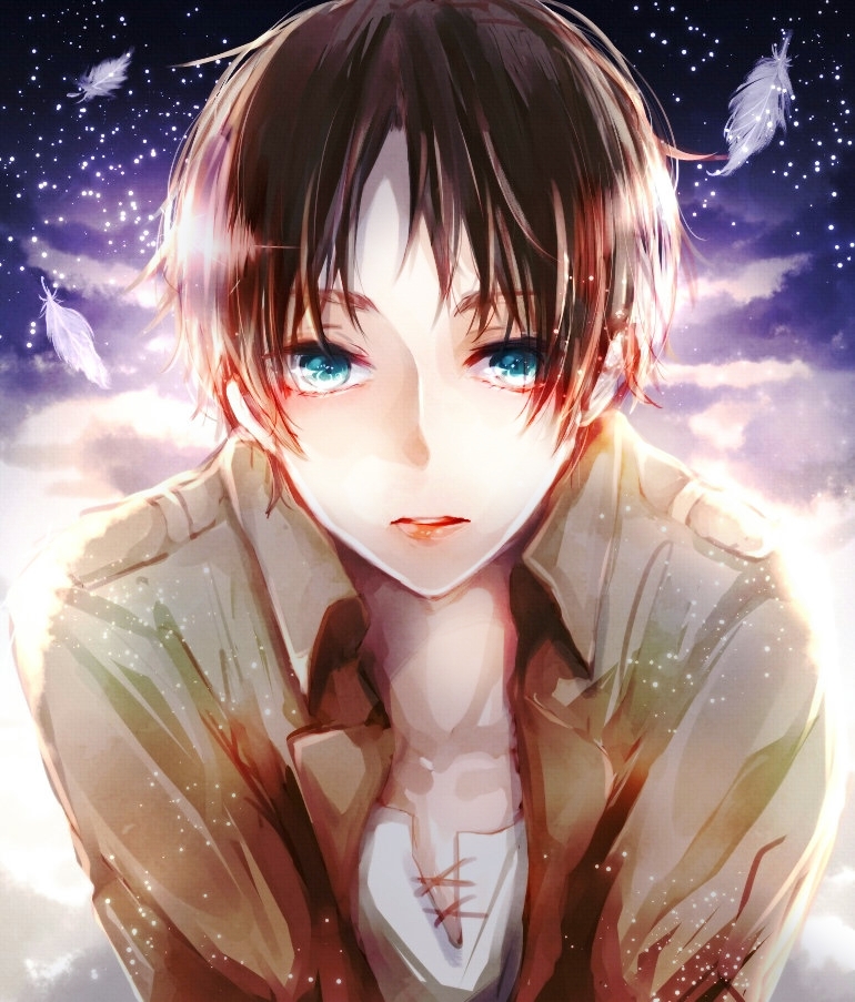 aqua_eyes black_hair cloud eren_yeager feathers jacket looking_at_viewer male_focus mana_(supaner) open_mouth paradis_military_uniform shingeki_no_kyojin sky solo star_(sky) starry_sky