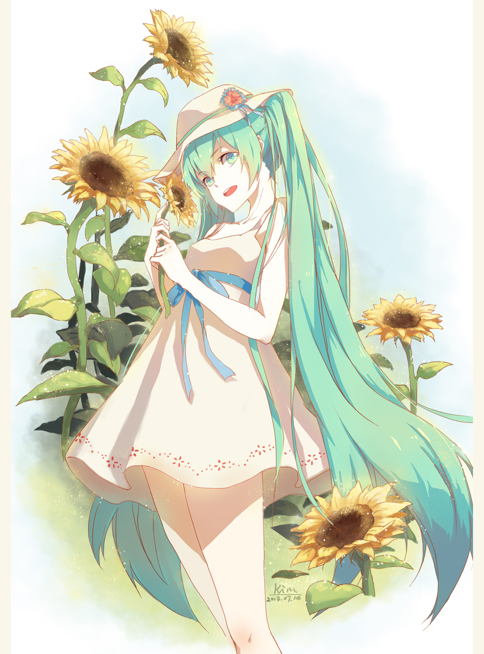 2013 dated dress flower green_eyes green_hair hat hatsune_miku highres kimkyeng long_hair open_mouth solo sunflower twintails very_long_hair vocaloid