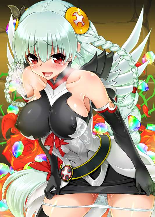bare_shoulders black_gloves black_legwear blush braid breasts covered_nipples crystal elbow_gloves flower gloves hair_ornament large_breasts light_valkyrie_(p&amp;d) long_hair looking_at_viewer open_mouth panties panty_pull pussy_juice puzzle_&amp;_dragons red_eyes rose skin_tight smile thighhighs tri_braids underwear uran_(uran-factory) valkyrie valkyrie_(p&amp;d) very_long_hair