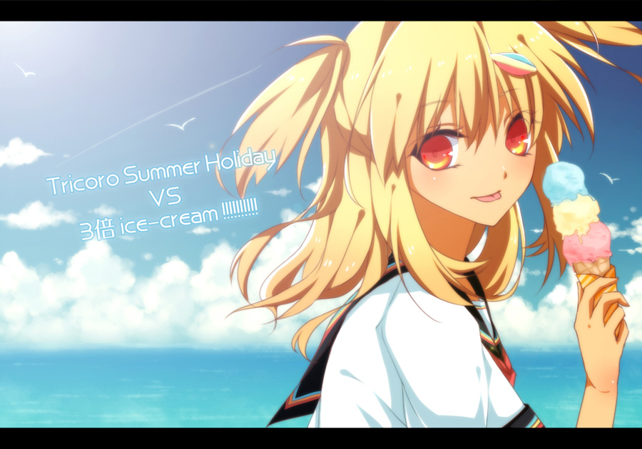 bad_id bad_pixiv_id beatmania beatmania_iidx blonde_hair blush food hair_ornament ice_cream izayoi_kura looking_at_viewer red_eyes solo tongue xiatian_(beatmania_iidx)