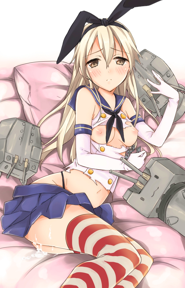 after_sex blonde_hair blush breasts cum cum_in_pussy elbow_gloves gloves hairband kantai_collection long_hair looking_at_viewer navel nipples pillow rensouhou-chan shimakaze_(kantai_collection) skirt small_breasts solo striped striped_legwear thighhighs torn_clothes white_gloves yu_yu