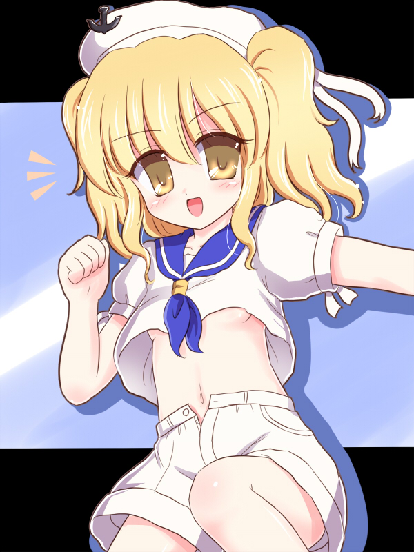 blonde_hair blue_sailor_collar breasts hat kitashirakawa_chiyuri ry sailor sailor_collar sailor_hat short_hair shorts small_breasts smile solo touhou touhou_(pc-98) twintails underboob yellow_eyes