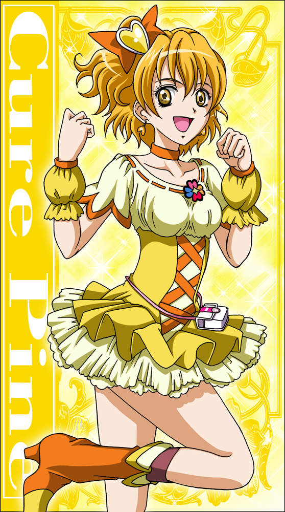 boots bow brooch brown_eyes brown_hair character_name choker cure_pine fresh_precure! hair_bow hair_ornament hanzou heart heart_hair_ornament jewelry knee_boots magical_girl orange_choker precure short_hair side_ponytail skirt smile solo standing standing_on_one_leg wrist_cuffs yamabuki_inori yellow yellow_background