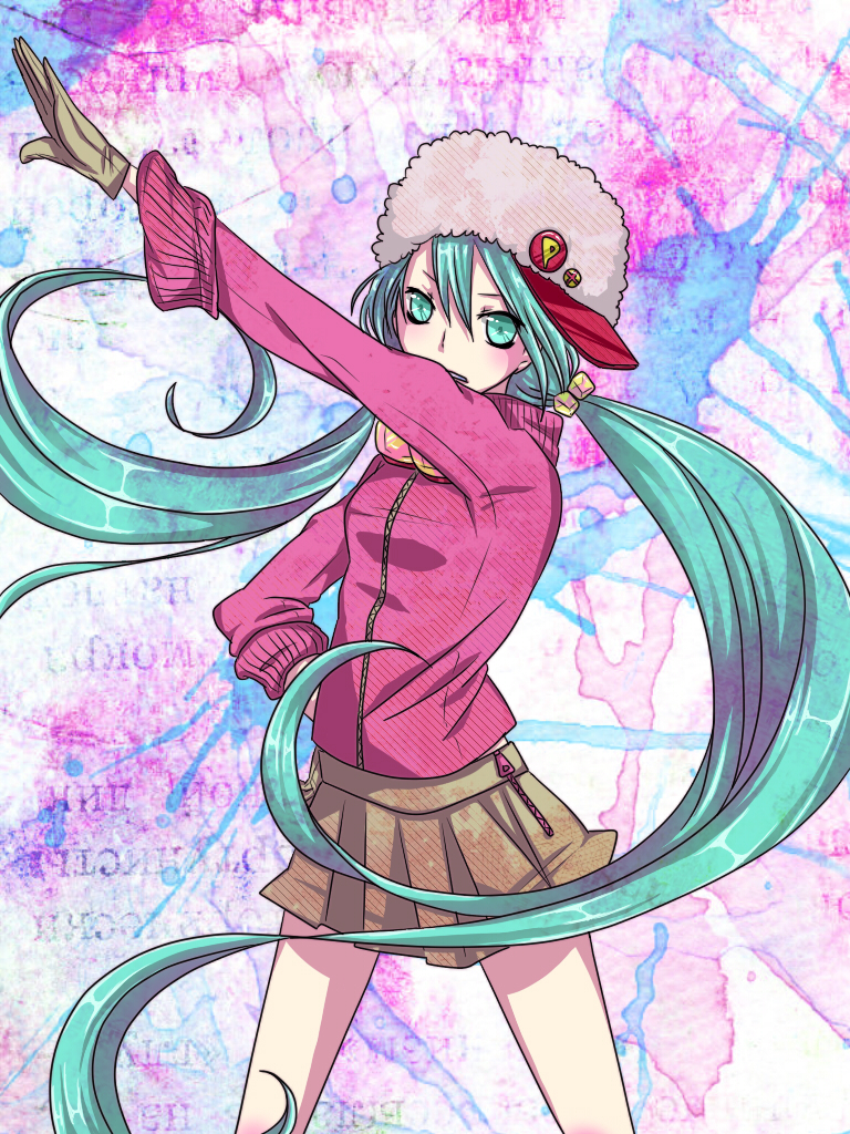aqua_eyes aqua_hair bad_id bad_pixiv_id gloves hand_on_hip hat hatsune_miku long_hair outstretched_arm pafufu skirt solo twintails very_long_hair vocaloid