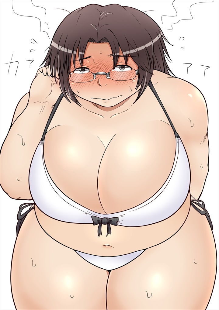 1girl black_hair breasts brown_eyes fat glasses huge_breasts mirei_yajima obese shimejix