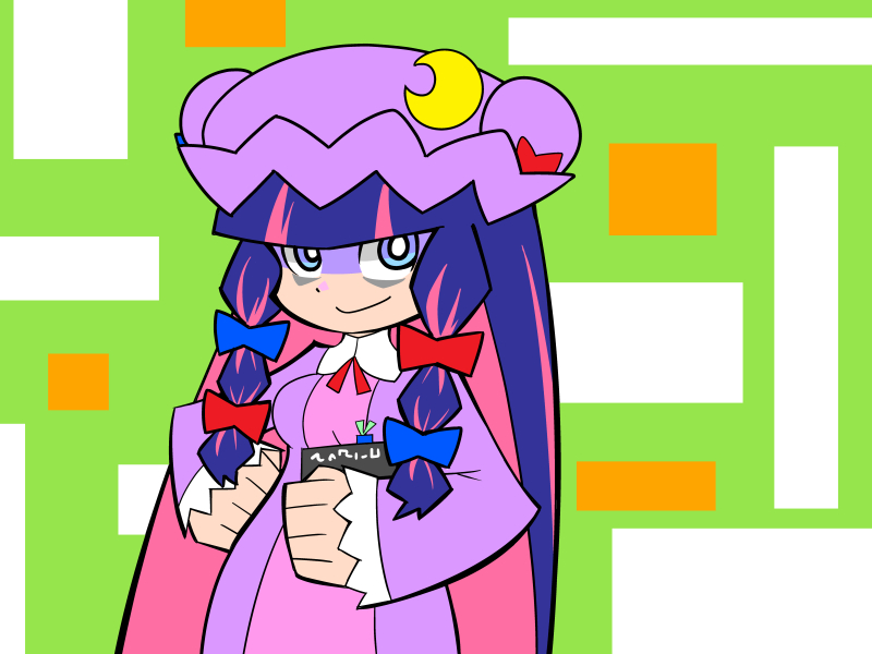 :&gt; blue_eyes book bow cosplay crescent hair_bow lanlanlancho long_hair multicolored_hair panty_&amp;_stocking_with_garterbelt patchouli_knowledge patchouli_knowledge_(cosplay) purple_eyes purple_hair smile solo stocking_(psg) touhou two-tone_hair