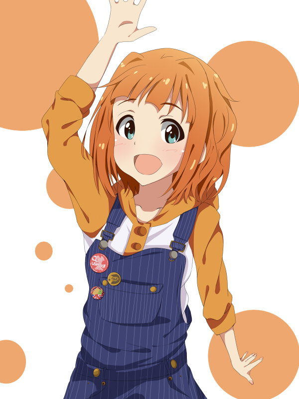 1girl blush hitotsuki_nanoka hitotukinanoka idolmaster looking_at_viewer open_mouth orange_hair overalls smile solo takatsuki_yayoi waving