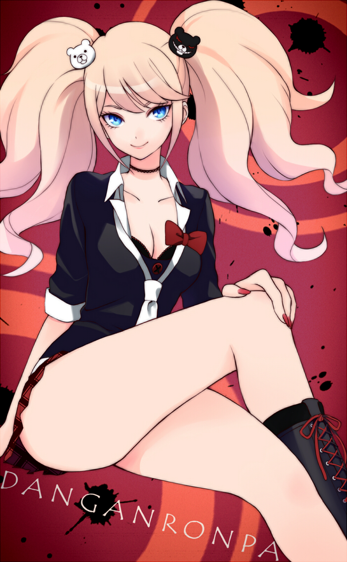 bad_id bad_pixiv_id blue_eyes boots bow breasts cleavage collarbone copyright_name cross-laced_footwear crossed_legs danganronpa danganronpa_1 enoshima_junko gyaru hair_ornament itsumi_(itumiyuo) knee_boots kogal legs long_hair long_legs medium_breasts monokuma nail_polish pink_hair pleated_skirt sitting skirt sleeves_rolled_up smile solo spoilers thighs twintails very_long_hair