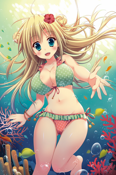 barefoot bikini blonde_hair blush bracelet breasts bubble cameltoe cleavage coral fish flower freediving front-tie_top green_eyes hair_flower hair_ornament hibiscus jewelry large_breasts long_hair looking_at_viewer navel ocean open_mouth original polka_dot polka_dot_bikini polka_dot_swimsuit saeki_nao shiny shiny_skin side-tie_bikini smile solo swimming swimsuit thigh_gap underwater