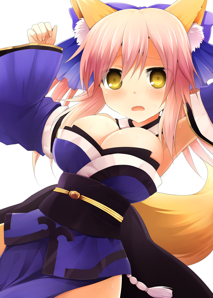 animal_ears bare_shoulders bow breasts bursting_breasts choker cleavage detached_sleeves fate/extra fate_(series) fox_ears fox_tail hair_bow hair_ribbon japanese_clothes kujiran large_breasts obi open_mouth pink_hair ribbon sash solo sweat tail tamamo_(fate)_(all) tamamo_no_mae_(fate) twintails yellow_eyes