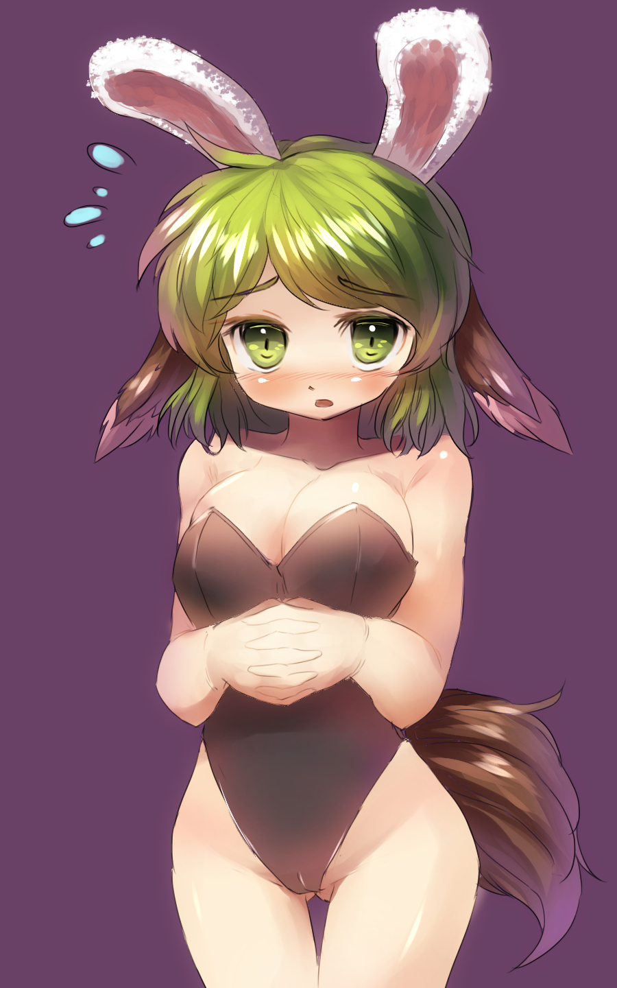 animal_ears bare_legs bare_shoulders blush breasts bunny_ears bunnysuit danbo_(rock_clime) flying_sweatdrops green_eyes green_hair hands_clasped highres kasodani_kyouko large_breasts leotard open_mouth own_hands_together purple_background short_hair simple_background solo tail touhou