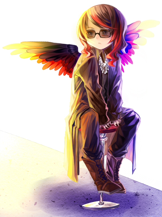androgynous black_hair boots coat fengtian glasses jewelry linked_horizon male_focus multicolored_hair nail_polish necklace red_hair revo sitting sleeves_past_wrists solo stool two-tone_hair wings