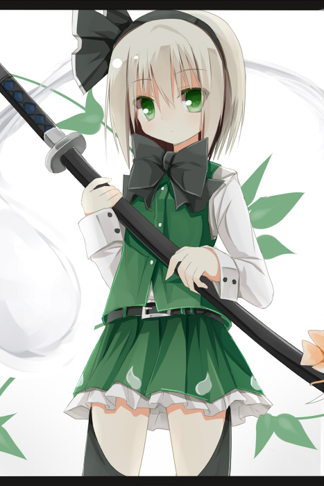 belt black_legwear bow green_eyes hair_ribbon katana konpaku_youmu konpaku_youmu_(ghost) letterboxed long_sleeves looking_at_viewer ribbon shirt silver_hair skirt skirt_set solo sword thighhighs touhou vest weapon yuuhagi_(amaretto-no-natsu) zettai_ryouiki