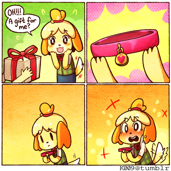 4koma :&lt; afterimage animal_ears blonde_hair blush box brown_eyes collar comic commentary dog_collar dog_ears dog_girl dog_tail doubutsu_no_mori embarrassed english english_commentary flying_sweatdrops full-face_blush furry gift gift_box kataro motion_lines proposal shizue_(doubutsu_no_mori) smile solo tail tail_wagging topknot translated